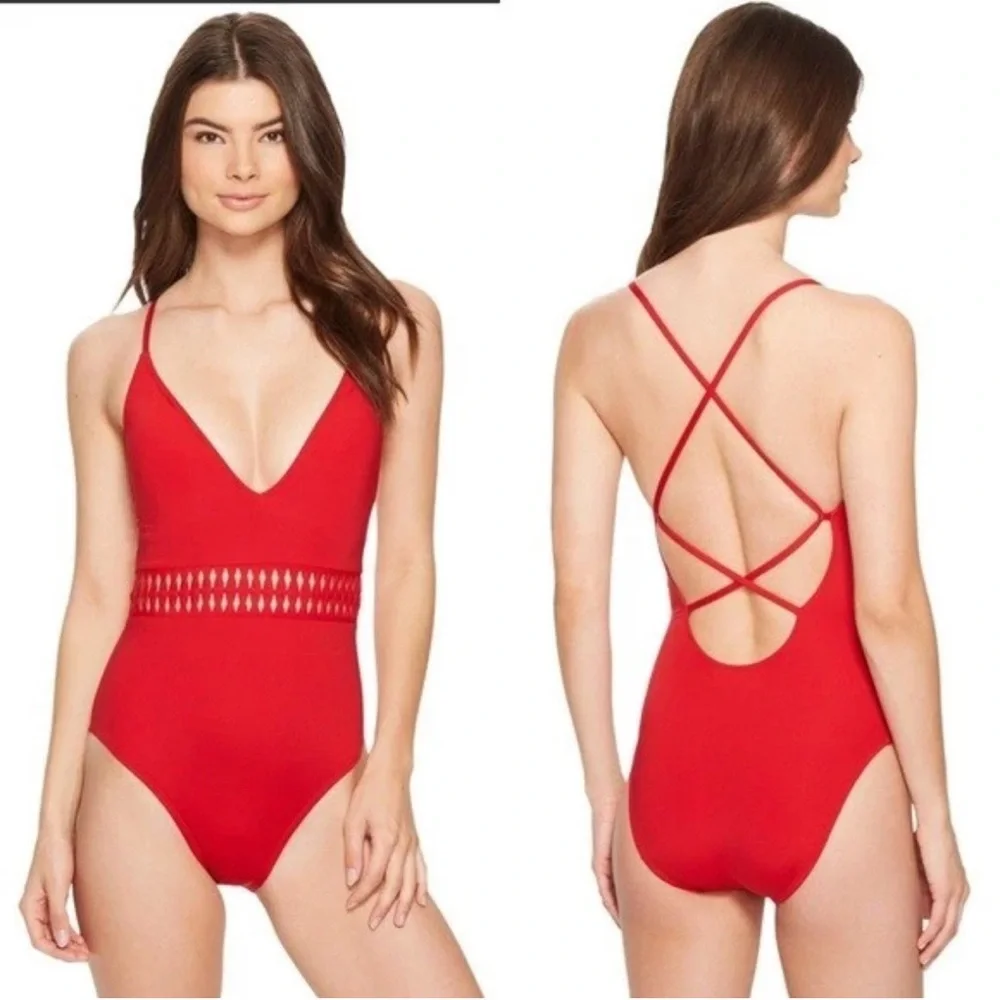 Kenneth Cole Red One-Piece Swimsuit with Plunging‎ V-Neck Size Large